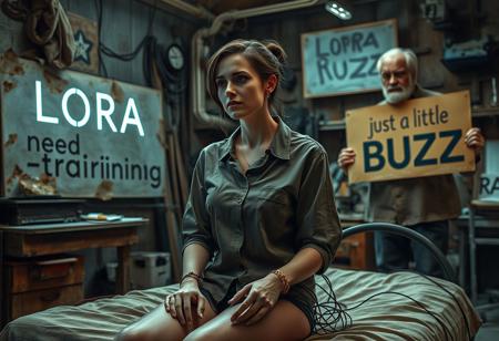 an image of  a  woman. she is wearing shirt .her body is  only partially assembled, she is sitting on a bed with visible wires and parameters on its arms. There is a large sign nearby that says 'LORA need training.' The she has multiple wires hanging out, including short wires. The scene depicts ongoing work in an old, rustic environment. An old man stands sadly beside the bed in an old, rustic workshop, holding a sign that says 'just a little BUZZ. lot of lightings in the room . this is sci fi  image