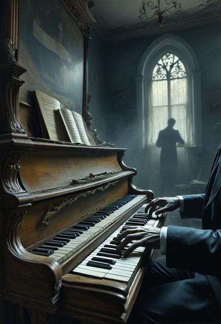 In Greg Rutkowski's eerie artwork, "Sinister," ghostly hands appear to play a decaying piano, emanating a chilling atmosphere. The haunting scene captures the viewer's attention with its ominous presence.