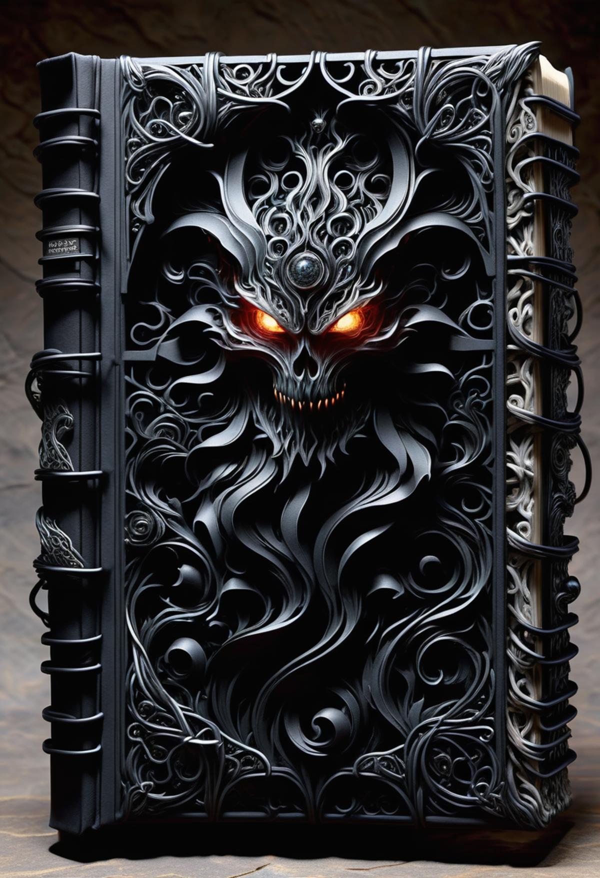 A Black and Gold Skeleton Door with a Scary Face and Yellow Eyes.