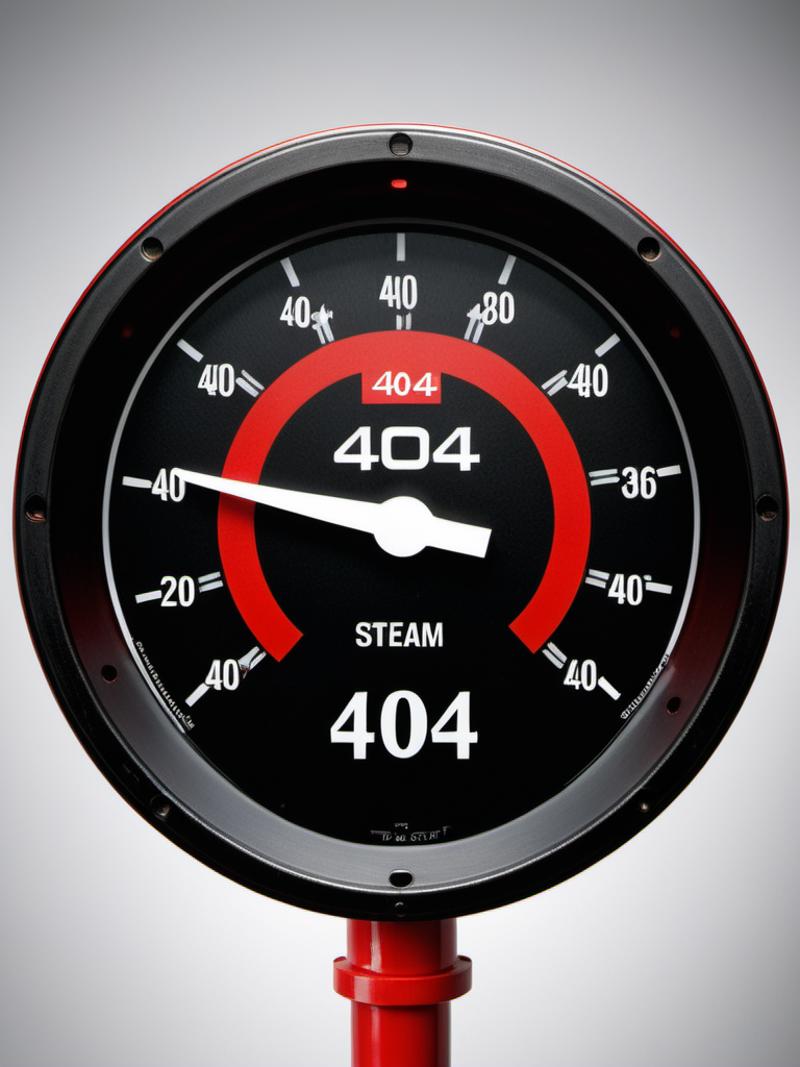A red and black 404 error gauge with a steam gauge face.