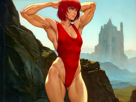 (tall muscular woman), masterpiece, best quality, absurdres, illustration of oulan, short red hair, bangs, wild hair, yellow eyes, wearing Thong and geta, flexing, art by Bruce Pennington and Anton Pieck
 <lora:oulan-000020:0.4>