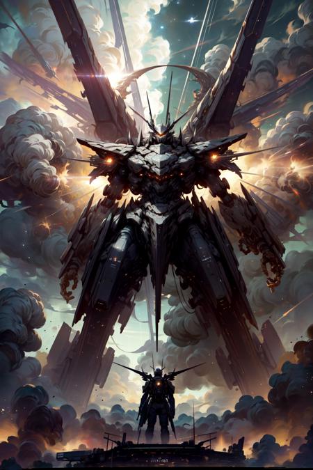 <lora:AstralMecha:1>, masterpiece, best quality, extremely high detailed, intricate, 8k, HDR, wallpaper, cinematic lighting, (((movie poster))), Mecha, from below, spaceship above, explosions in the sky, dutch angle, ,