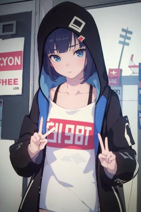 short hair, blunt bangs, blue hair, blue eyes, white shirt, red shirt writing, closed black jacket, black zipper, blue backpack, red keychain, octopus keychain, hood up, white sneakers, bare legs,