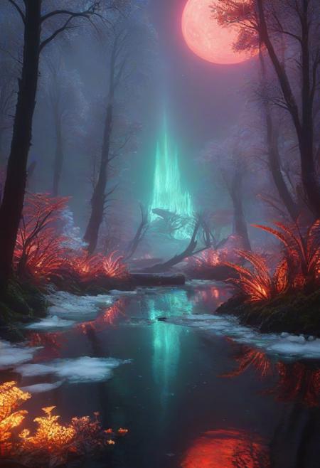 Ultrarealistic. sharp focus, dynamic lighting. play of light, reflection, refraction, Raytracing, Ultra detailed. Alien themed. Alien scenery. alien scenery background. alienworld. An alien fire dragon surrounded by ice.enchanting, cosmic, celestial, ethereal, vibrant flora, magical, luminous, serene, dreamy, radiant, bioluminescent, intricate details, surreal, enchanted forest