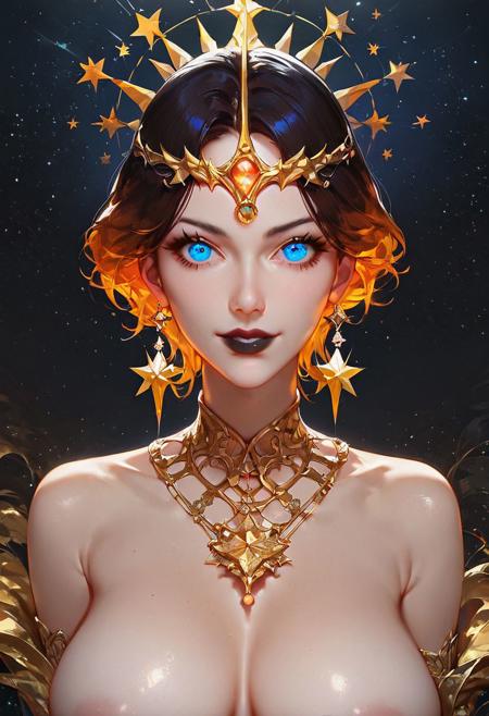 (score_9:1.1), score_8_up, score_7_up, 8k, 1girl, solo, anime, hentai, looking at the viewer, big eyes, blue eyes, pale skin, white skin, goddess. naked body, covered with shiny black cosmos depicting chaos and cosmos and stars and darkness and light, corset, gold necklace, gold choker. short dark hair. black lips, massive boobs, serious smile. dark background, Uhd, 9K, portrait, masterpiece, stunning, upper body focus