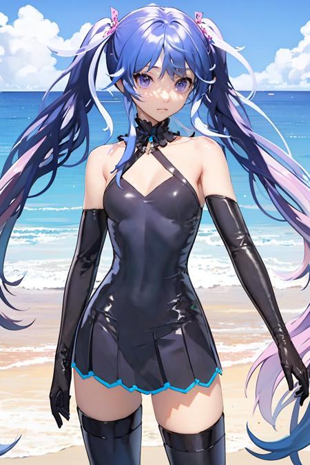 1girl,solo,looking at viewer,long hair,twintails,black dress,neck ribbon,elbow gloves,black black gloves,black thighhighs,blue hair,purple hair,purple eyes,<lora:GhostRule_v1.1:0.6>,in summer,beach,sea,over the sea,cowboy_shot,, masterpiece,best quality,highres,ultra high res,(abstract art:1.2),2d,(highlydetailed),(colorful),(intenseexpression),(fashionable),