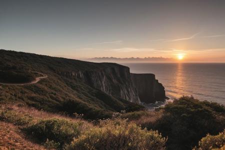raw photo, a sunset landscape, Valdivian temperate forests coast, Chilean coast,  cliffs, cozy, photorealistic, high detailed texture, 8k uhd, dslr, soft lighting, high quality, film grain, Fujifilm XT3, Sony A7 IV, highly detailed photography, (muted colors, cinematic, dim colors, soothing tones:1.2), vibrant, insanely detailed, hyperdetailed, (dark shot:1.2), (vsco:0.3), (intricate details:0.9), (hdr, hyperdetailed:1.2) (highest coherency: 1.39) (highest quality: 1.39)