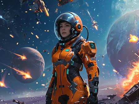 1woman, emnrxl, half body, solo,helmet, orange space suit, space_space, cyberpunk, female focus, planet, scenery, space, stars, battle in space, explosion, destruction, space war, masterpiece, 8k, high resolution, <lora:Space_clothes:0.8>,  <lora:emnrxl:0.8>
