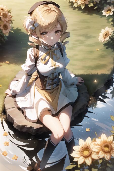 1girl, from_above, solo, Mami Tomoe, (detailed reflective anime style eyes), yellow skirt, golden hour, detailed textures, sitting in a \(field of yellow flowers outdoors\), posing, casual pose, aesthetic, intricate, light rays, sunlight, bokeh, sparkle, shimmer, glitter, sharp focus, <lora:MamiTomoe:1>