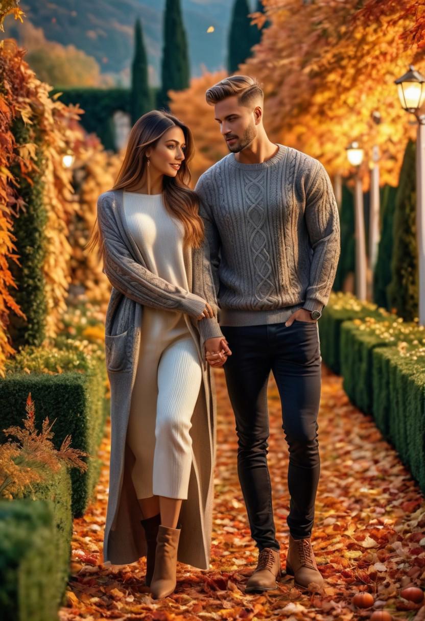 photo of        -10000 beautiful couple in love , hair,seductive   ,garden, Autumn,   long sweater   ,    , masterpiece) (best quality) (detailed) (8k) (HDR) (wallpaper) (cinematic lighting) (sharp focus) (intricate)