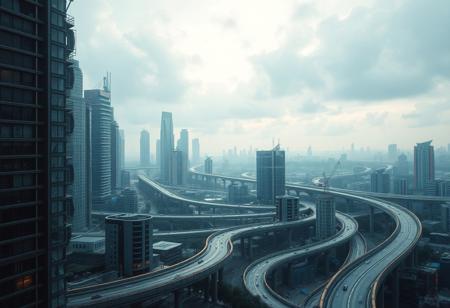 A highly detailed, photorealistic image of an urban cyberpunk style cityscape with low buildings and multiple winding highways