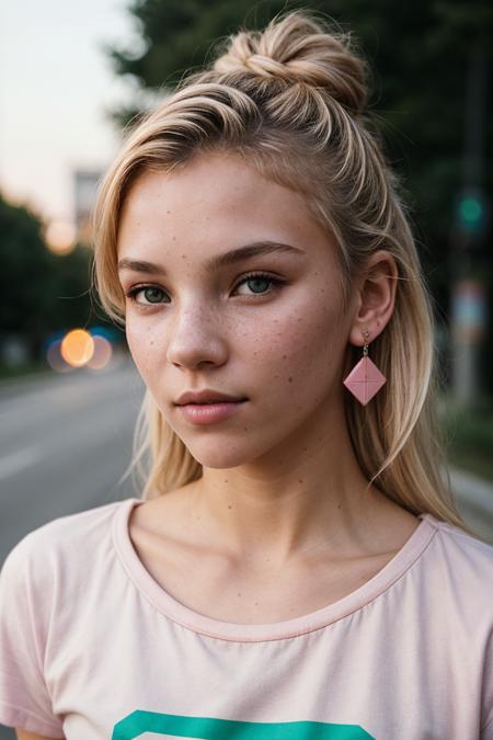 photo of (ryamp0lsky-135:0.99), closeup portrait, perfect blonde hair, hair upsweep updo, portrait, (modern photo, Light Pink graphic tee), 24mm, (analog, cinematic, film grain:1.3), (plain Road Sign Green background, gradient:1.1), ((detailed eyes)), (seductive pose), (epicPhoto), earrings