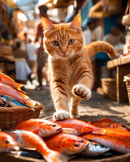 a photo of a cat holding fish with paws, running away in a market, summer, uhd, 8k, intense lighting, award winning masterpiece, extremely detailed, detailed background, cinematic, complex and multidimensional lighting