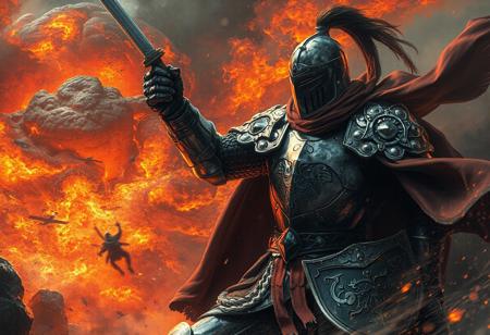 Experience an epic clash between our hero - Lady of the Lake's valiant knight, vividly depicted in exceptional detail, and impending doom embodied by molten destruction! This stunning artwork boasts lifelike details from super detailed armor down to handcrafted clothes; exuding precision & high quality through sharp lines, brush strokes, capturing dynamic actions poses whilst maintaining balanced editing emphasizing intent focus moments set within creative angles amidst well timed lighting effects creating unparalleled visual harmony blending contemporary aesthetical elements into this masterpiece bringing forth beautiful matte painting techniques combined seamlessly using cutting edge technology like octane render or even UE5 resulting not just another illustrative piece rather immersively engaging artworks rivaling those found trending across platforms such cgsocietys',art station hub pages alongside behances curated collections featuring golden ratios perfectly executed throughout each composition element ensuring maximum impact leaving viewers awestricken meshed beautifully via splashes ink stylistic choices culminating joyous emotions convey powerful messages subtly embedded deep beneath these layers rich hues evoking intense feelings further accentuated courtesy intricate eye designs bound make anyone fall deeply enamoured upon first glance making no mistake why they say 'a picture speaks louder than thousand word'.