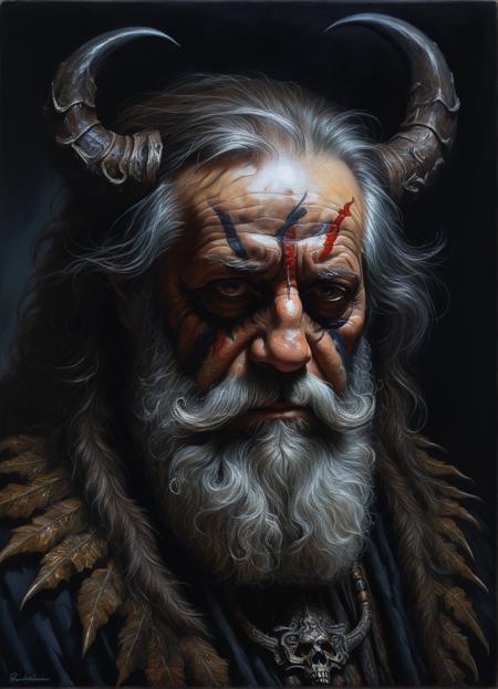 oil painting of an old bearded demon, dark shot, dramatic, extremely detailed++, intricate, by Greg Rutkowski, photo+++