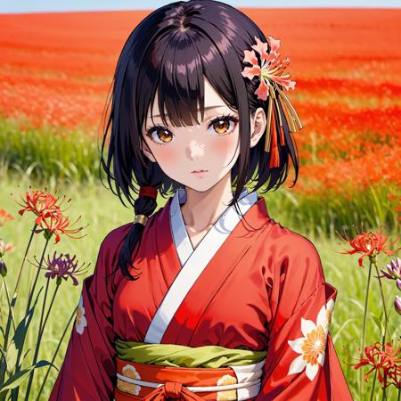 8k, UHD, beautiful face, beautiful fair skin, beautiful background, grasslands, Higanbana are blooming all over, flower, bloom, BREAK
japanese girl, solo, standing, kimono and obi sash, cowboy shot, black hair, black eyes, <lora:higanbanaXL:1>