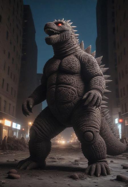 A gigantic Godzilla Monster made of creamy cookies stomping through New York City at night, destruction, debris