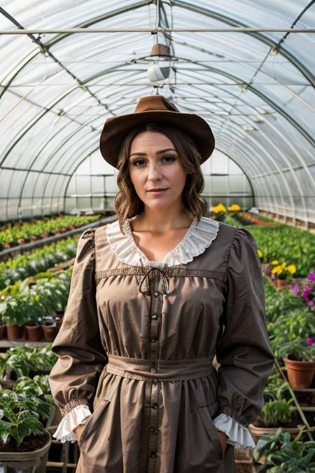 <lora:Suranne_Jones:1> masterpiece, best quality, detailed face, a mature s1873j, 1girl, solo, pilgrim costume ,  greenhouse , dusk