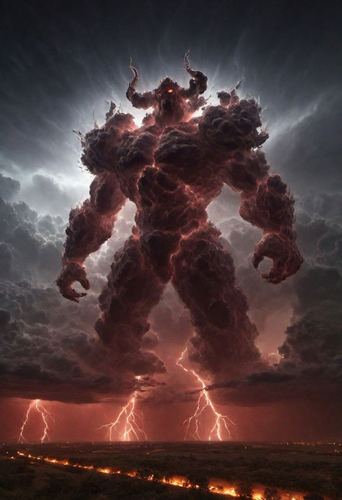 A Mighty Giant with Horns and Lightning Bolts for Arms Amidst a Stormy Sky