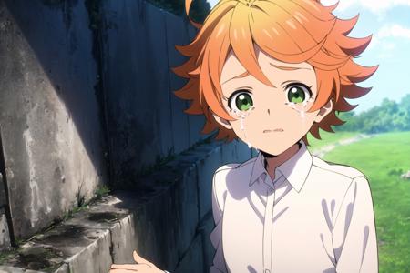 emma, neverland,  (beton wall:1.2), nature, grass, blue sky, 1girl, solo, cowboy shot, looking at viewer, crying, short hair, shirt, long sleeves, green eyes, white shirt, upper body, ahoge, outdoors, collared shirt, orange hair, <lora:Emma:0.7>