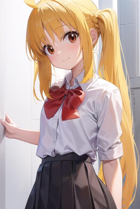 nijikaijichi, <lora:nijikaijichi-lora-nochekaiser:1>, 
nijika ijichi, ahoge, (yellow hair:1.5), (brown eyes:1.5), long hair, one side up, (flat chest:1.2), smile,
BREAK (black skirt:1.5), bow, bowtie, collared shirt, pleated skirt, polka dot, polka dot bow, red bow, (red bowtie:1.5), red footwear, shirt, shoes, short sleeves, skirt, socks, (white shirt:1.5), white socks,
BREAK indoors, classroom,
BREAK looking at viewer, (cowboy shot:1.5), 
BREAK <lyco:GoodHands-beta2:1>, (masterpiece:1.2), best quality, high resolution, unity 8k wallpaper, (illustration:0.8), (beautiful detailed eyes:1.6), extremely detailed face, perfect lighting, extremely detailed CG, (perfect hands, perfect anatomy),