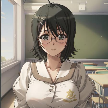 yorihime nao, glasses, large breasts,  hairclip,  school uniform, classroom, upper body, facing viewer,  <lora:yorihime_nao_v2:0.8>, masterpiece, best quality