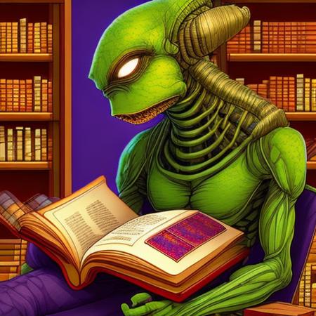 evang, masterpiece, an Alien sitting in a library reading a book, sweatshirt, best quality, wallpaper, HDR, high quality, high-definition, extremely detailed, (beautiful interior), (beautiful detailed eyes}, (detailed light),