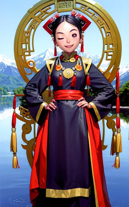 masterpiece, best quality, hands on hips, big eye, ((one eye closed|smile):1.3), lotus, 1girl, bead necklace, beads, black hair, braid, chinese clothes, earrings, hair ornament, jewelry, long hair, long sleeves, necklace, solo, tassel, full body, wide sleeves, sky, mountain, lake  <lora:Rangemurata:1>