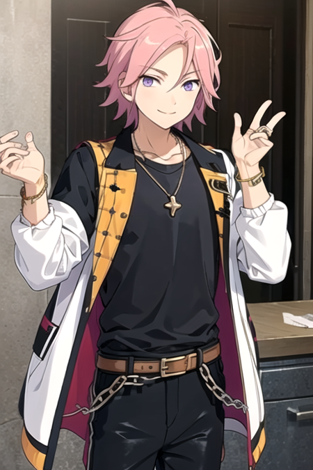 <lora:KohakuES-08:0.7>,kohakues, solo, looking at viewer, smile, short hair, shirt, long sleeves, 1boy, jewelry, closed mouth, purple eyes, jacket, pink hair, male focus, cowboy shot, open clothes, belt, pants, necklace, bracelet, open jacket, black shirt, chain, black pants, ring, white jacket