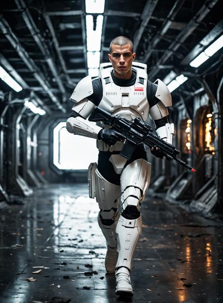 handsome,male,Lebanese,Mexican,buzz cut,27 years old,(muscular:0.5),indoors,running,white sci-fi battle armor,desolate spaceship,Nostromo,futuristic pulse rifle,military,science fiction,realistic photograph,cinematic_lighting,night,