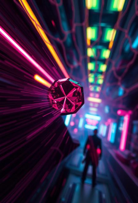 hyperdetailed dyanamic photography of sci-fi futurisitic, based onRhodolite Garnet: A pink to reddish-purple gemstone, displaying a lovely hue reminiscent of rhododendron flowers.   futurisitc, color explosion , web of neon lights, motion, catched in motion, Ultra Realistic Style , shallow depth of field, vignette, highly detailed, high budget Hollywood film, cinemascope, moody, epic, gorgeous, dark colors ,  detailed, low light, darknes, limited colors, black, detailed background, focus on character ,  depth of field, color explosion, intricated background, life, vivid colors , realsitic,
