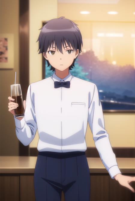 daisuke higashida, black hair, (brown eyes:1.3), male focus, shirt, bow, pants, bowtie, black bow, waiter,