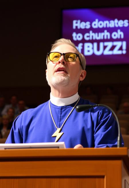 Man wearing yellow tinted glasses and a blue priest uniform inside auditorium behind podium preaching, he is wearing golden lightning bolt symbol necklace prominently visible, behind him is a sign with text "Please donate to the church of BUZZ!". No cross symbol.