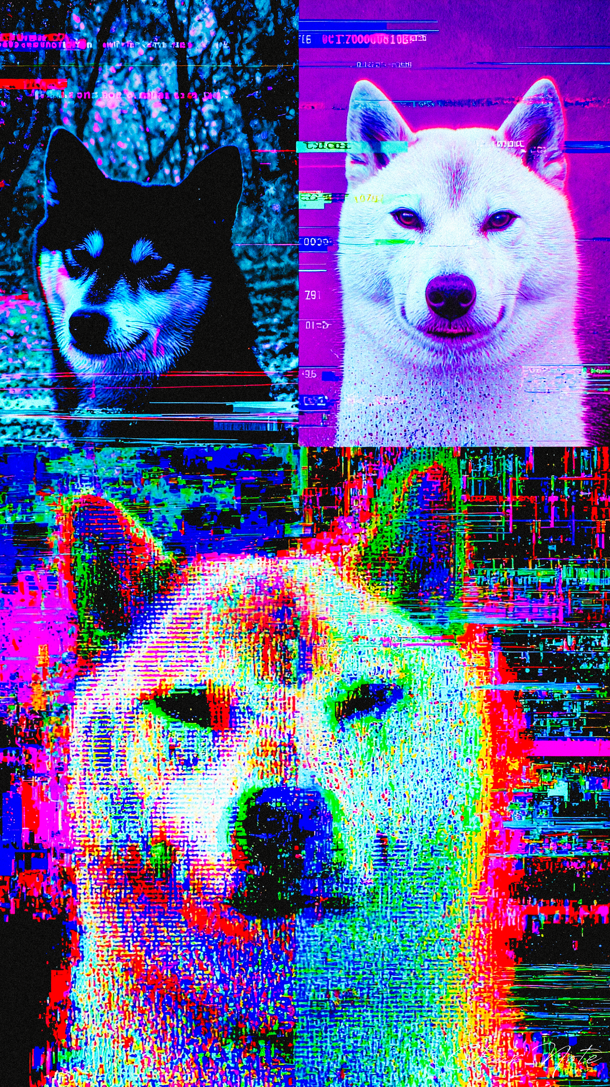 A composition featuring three distinct renderings of three dogs, each processed through different glitch art techniques. The top left quadrant displays a dark-furred dog in a blue color pallet against a forest background. The top right showcases a white dog with pointed ears against a vibrant magenta backdrop, overlaid with digital scan lines and code-like text elements. In the bottom half a heavily corrupted, dog's face dissolves into a chaotic spectrum of neon reds, greens, blues, and pinks, creating an intensely pixelated effect. Multiple digital artifacts including scan lines, color channel separation, and noise distortion permeate the entire composition, creating a unified aesthetic. 
