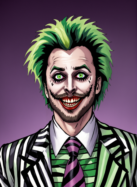 comic book art, 1boy, male focus, solo, facial hair, necktie, smile, beard, green hair, heterochromia, formal, looking at viewer, prison clothes, striped suit, suit , Beetlejuice, Beetlejuice, Beetlejuice, Alex brightman as Beetlejuice from the Beetlejuice Musical, art by ed benes