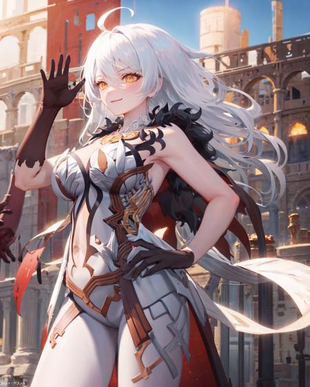 1girl,solo,sohp, <lora:SustainerHeavenlyPrinciplesV1[sohp]:1>,long_hair, large breasts,ahoge,
standing,outdoors,evil smile, colosseum,hand on hip,  gloves