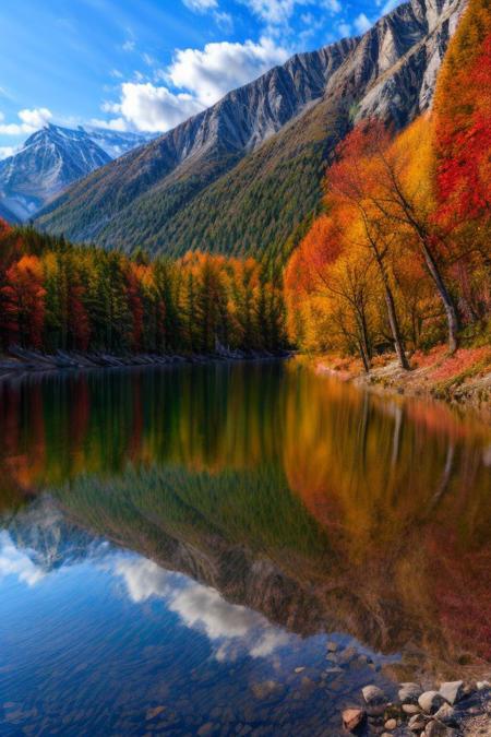 the picturesque autumn alps, green meadows and colorful trees are reflected on the clear water under the cloudy sky, i can't believe it is so beautiful, high resolution, canon eos style camera. beautiful mountains and waters, picturesque scenery, colorful fallen leaves, colorful reflections in the water, mirror lake, residential houses by mountains and forests, colorful autumn leaves.