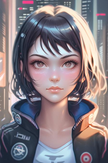 a a portrait of girl in in cyberpunk jacket