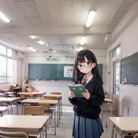 best quality, ultra-detailed, illustration,
,1girl, glasses, black hair, long hair, black eyes, school uniform, blush, looking at viewer, standing,
kyoshitsu, classroom, scenery, chalkboard, window, school, indoors, clock, sunlight, school desk, bulletin board, shade, curtains, school chair, ceiling light, shadow, artist name, book, ceiling, day, paper, 
 <lora:kyoshitsu_SD15_V3:0.8>