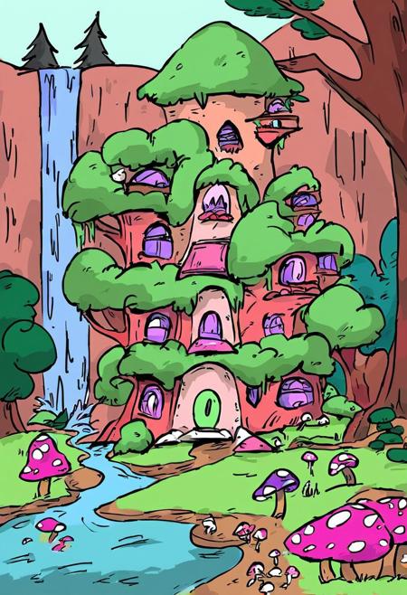 mushroom house, waterfall, rocks, trees, flowers