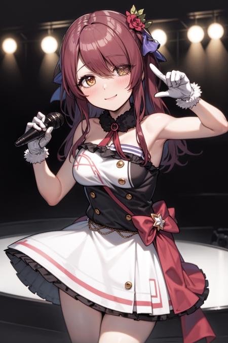 <lora:osaki tenka:1>, osaki tenka, medium breasts, 1girl, long hair, brown hair, yellow eyes,  gloves, solo, white gloves, microphone, osaki amana, dress, looking at viewer, hair ornament, v, idol clothes, fur trim, skirt, idol, bare shoulders, breasts, smile, holding microphone,  blush, one eye closed, hair over one eye, closed mouth,