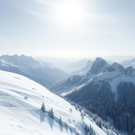 Snowy Hilltop, Bright White Sky, Whiteout, Deep Forest Below, (Crystallization Fragmentation), Alpine Slopes, Towering Rocky Craters, Realistic, Blizzard, <A-3>, Massive Scale, HighRes