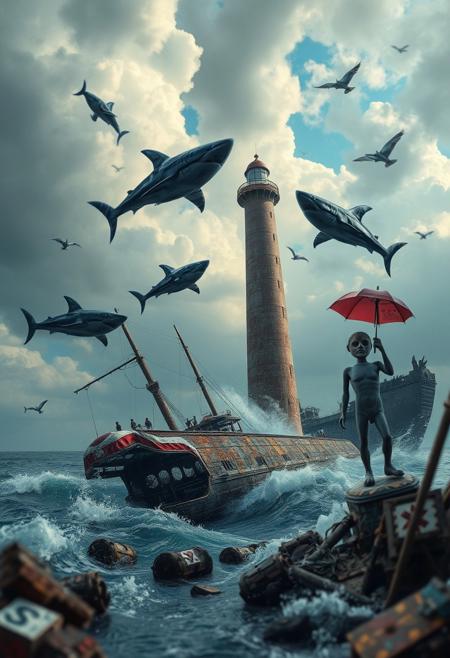 surreal scene, flying sharks, broken lighthouse, warship wreck, humanoid sculpture, umbrellas, distorted reality, (dreamlike:1.3), detailed sky, ocean waves, rusted metal, decayed environment, dramatic lighting, high resolution, photorealism, artistic composition, (eerie atmosphere:1.2), intricate details, (blurry:-1.1), (ugly:-1.3), (cartoonish:-1.1), (low quality:-1.1), (lowres:-1.1), (bad anatomy:-1.1), (poorly rendered:-1.1), (overexposed:-1.1), (flat colors:-1.1), (noisy:-1.1), (disjointed elements:-1.1), (bad composition:-1.3), (unbalanced:-1.1)