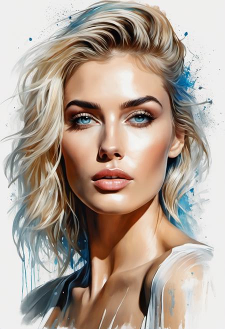 beautiful woman Rebecca, age 22, wearing trendy clothing, light blond hair, Attractive posing, Full body, perfect detailed face, frame the head, Odd-eye, glamour, wear wet see-through white T-shirt, wet skin, Wet hair, rain, hyperdetailed painting, luminism, art by Carne Griffiths and Wadim Kashin concept art, 4k resolution, fractal isometrics details bioluminescens , 3d render, octane render, intricately detailed , cinematic, trending on artstation Isometric Centered hypereallistic cover photo awesome full color, hand drawn, gritty, realistic mucha, intricate, hit definition, cinematic, Rough sketch, bold lines, on paper.