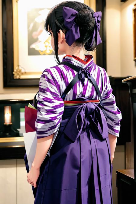 masterpiece, best quality, ultra-detailed, illustration,
BMC, 1girl, yagasuri, solo, black hair, hair bun, hair bow, single hair bun, hakama, bow, kimono, purple bow, lace-up boots, 
 indoors,  facing away, blurry, holding, menu,  nape, blurry background,  from behind,  
 <lora:BasyamichiV6:0.8>