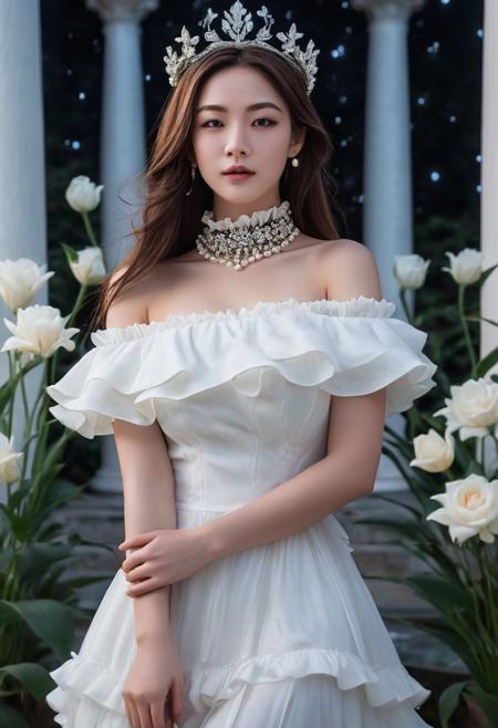 photorealistic, OLED, 1girl, Beautiful women, long hair, hair between eyes, very straight hair, half body portrait,  scheekbones, wide chin, wide lower jaw, soft freckles, (hazel eyes), brown cat eye makeup, brown lashes, , detailed face, realistic face, She is wearing a white ruffled dress with white roses, bare shoulder, ruffled choker with white pearls, she is happily snuggling up in it, very cute looking to viewer,  submissive eyes, satisfied face expression,  corsage with diamonds, pearls on choker and silver diadem crown, night sky, starlight, full body,  stands in a jeweled pavilion with columns in the romantic style surrounded by white lilies, Expressiveh, a beautiful woman with curvy body and huge breasts, sinozick style, flat color, dark theme, a white mage witch casting a white spell,  casting air magic, ritual, swirling air, white energy, flying petals,