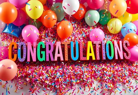 One word, ("CONGRATULATIONS"),  ,big block letters, beautiful font, bright colorful letters, surrounded by colorful balloons and streamers, confetti explosion, detailed, sharp, HDR, good quality, good resolution, maximalist, masterpiece,