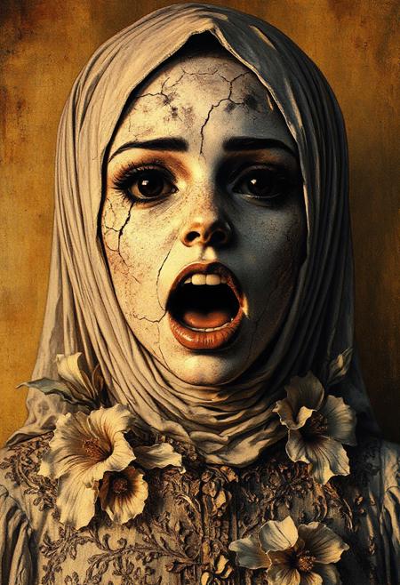 Create an intricately detailed, hyper-realistic portrait of an aging, cracking, and broken Victorian-era porcelain and paper-mache doll depicting a wise woman. A prominent crack with a hole adorns her forehead revealing a subtle glow inside the doll, adding an unsettling and eerie aura to her visage. Her eyes are completely black, resembling deep voids that seem to hold ancient secrets and untold stories. She is set against a backdrop of aged, yellowed parchment, its worn textures complementing her own decaying appearance. Her ornate, Victorian-inspired gown is adorned with delicate, hand-crafted paper flowers, their petals unfolding like tiny, intricate sculptures—some torn and weathered by time. Her mouth is open wide as if screaming.
The overall aesthetic blends Luis Royo's dark, mystical realism with Artgerm's meticulous attention to detail and H.P. Lovecraft's eerie, otherworldly sensibilities. Ambient light casts dramatic shadows across her face, accentuating the aging textures of the paper-mache and the luminous yet cracked porcelain-like skin. The delicate, swirling patterns of the gown's aged embroidery are highlighted, emphasizing the craftsmanship of a bygone era. Wisps of faded lace and frayed edges add to the haunting beauty of the scene. The atmosphere exudes haunting elegance and creeping unease, capturing the duality of beauty and decay in a single, mesmerizing image.