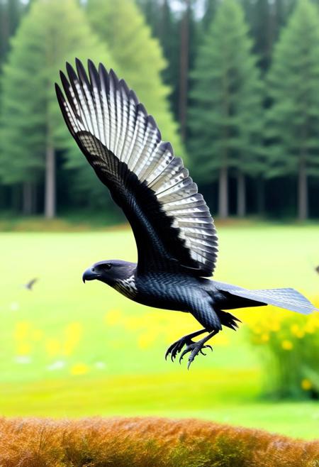 cf_style, (close up:1.8), photo,  photo_realistic, (bird cf_style:1.6), no people, (outdoors:2), (forest), (hawk), flying.