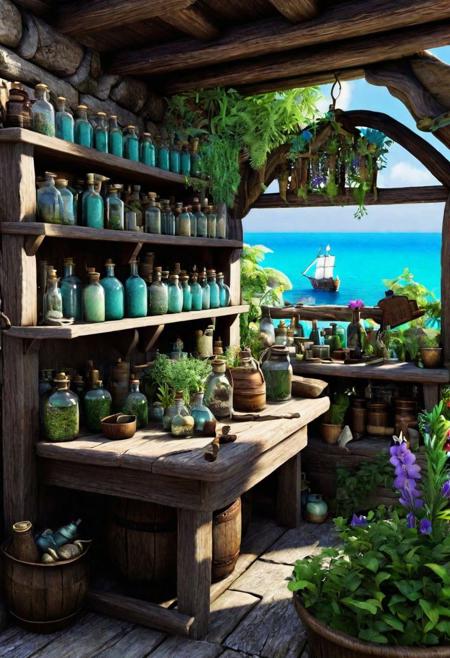 A photorealistic image portrays a quaint pirate's apothecary nestled in the heart of Tortuga. The scene centers on a rustic wooden hut filled with shelves of various potions, herbs, and curiosities. The apothecary, with its array of colorful bottles and mysterious ingredients, is the main subject. In the background, a cobblestone path leads through a small, lush garden, with a hint of the turquoise sea visible in the distance. This image captures the intriguing blend of the mystical and the mundane in pirate life.